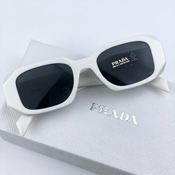NEW Prada PR17WS 1425S0 Ivory White Dark Gray Rectangle Unisex Sunglasses - Picture 1 of 14